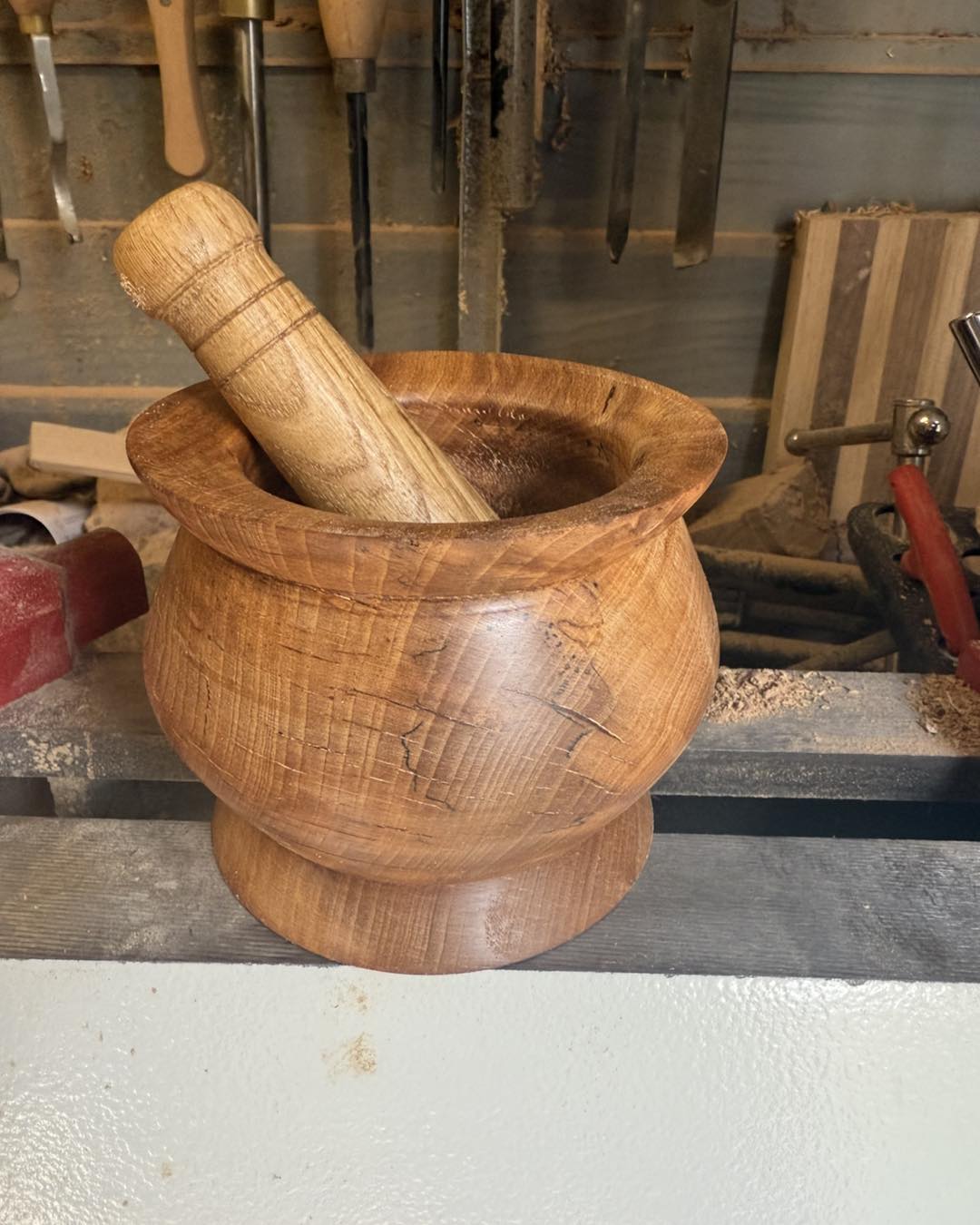 Handmade wooden pestle and mortar in beech and ash